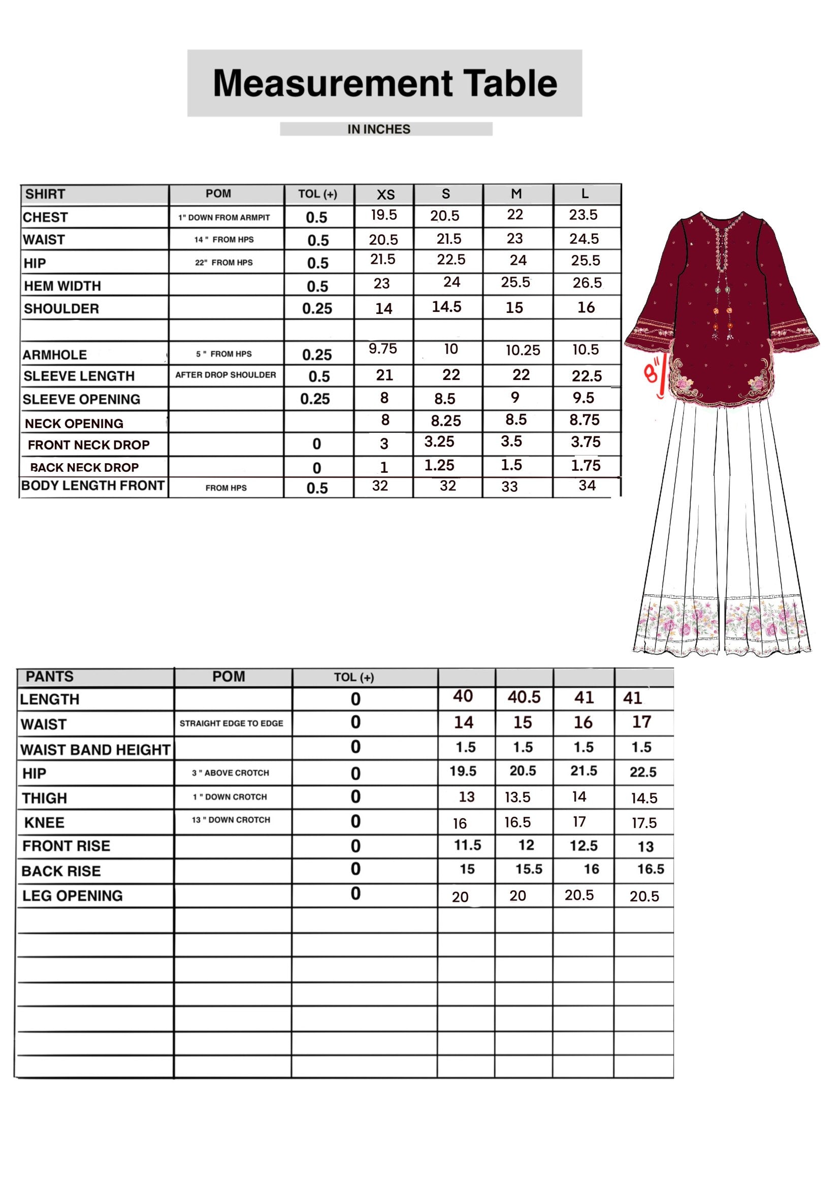 Rouge | 2-Piece size chart